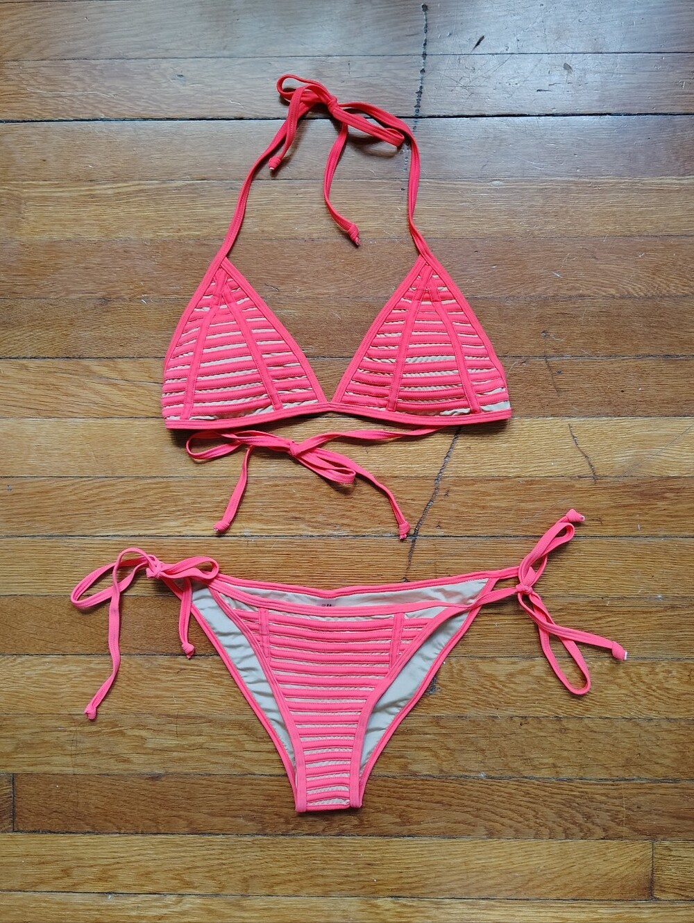 Hot Pink Bikini Striped Triangle Low Rise 2 Piece Swimsuit Medium Large Women's